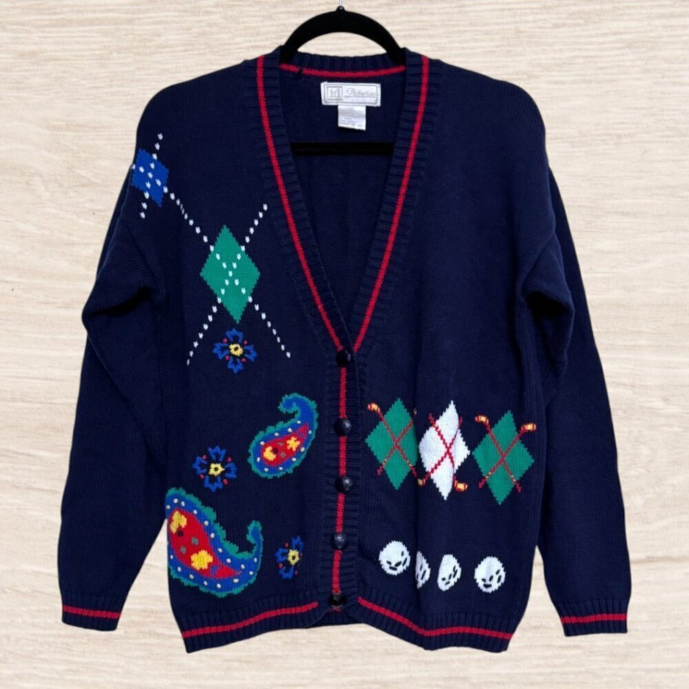 Vintage 90s Navy Blue Golf Club Ball Argyle Paisley Cardigan Sweater Size S